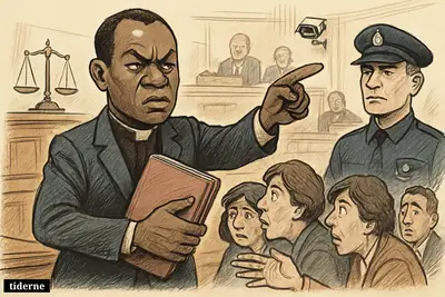 John Ntim Fordjour dominates a parliament scene, pointing toward police as anxious citizens and symbols of surveillance and unequal justice surround him.