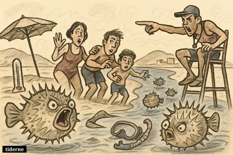 Inflated pufferfish approach swimmers at a Mediterranean holiday beach as vacationers retreat and a lifeguard warns from shore. (AI-genereret illustration)