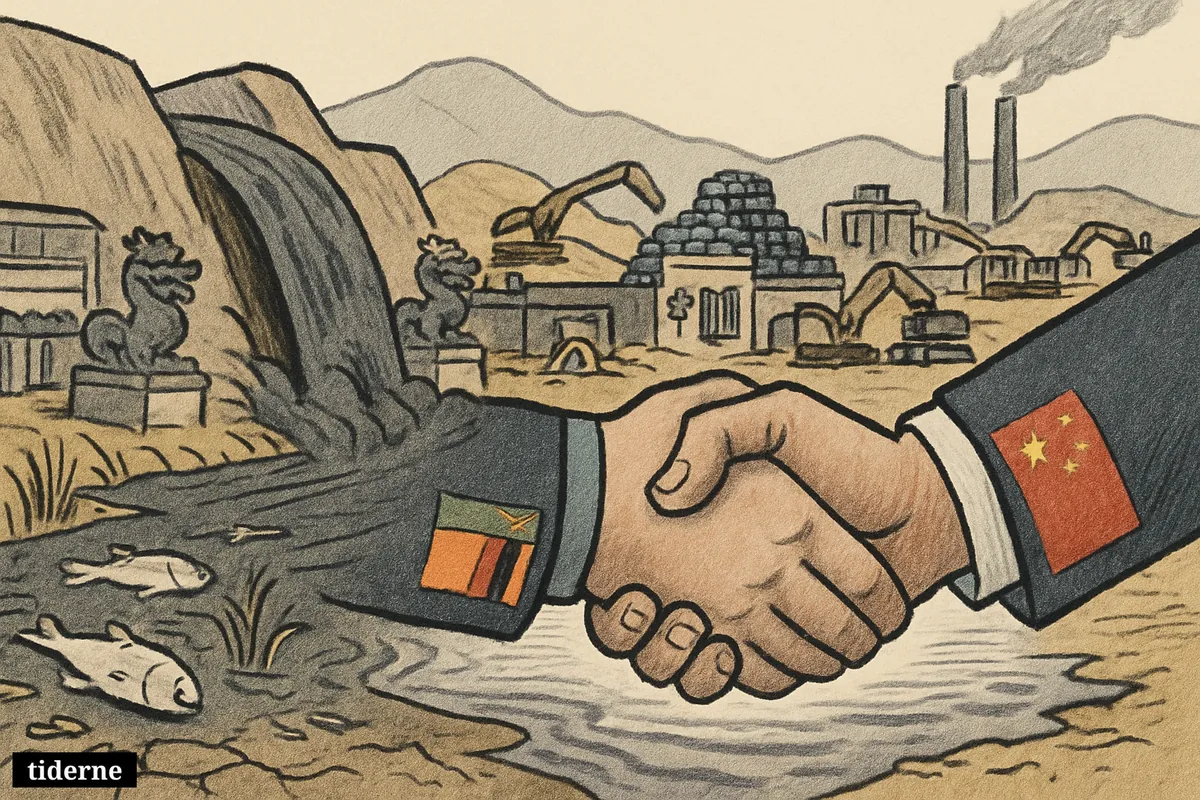 A ruptured mine dam floods a river with toxic waste as Chinese-linked mine symbols and a tense Zambia-China handshake dominate the scene.