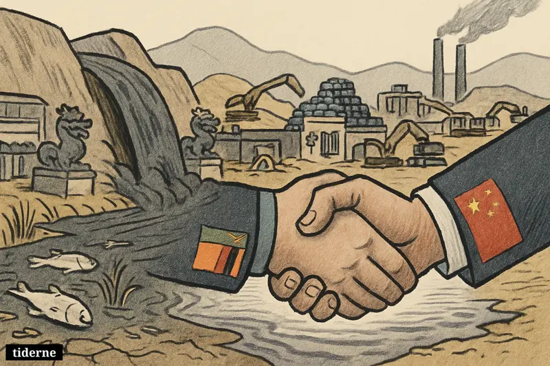 A ruptured mine dam floods a river with toxic waste as Chinese-linked mine symbols and a tense Zambia-China handshake dominate the scene.