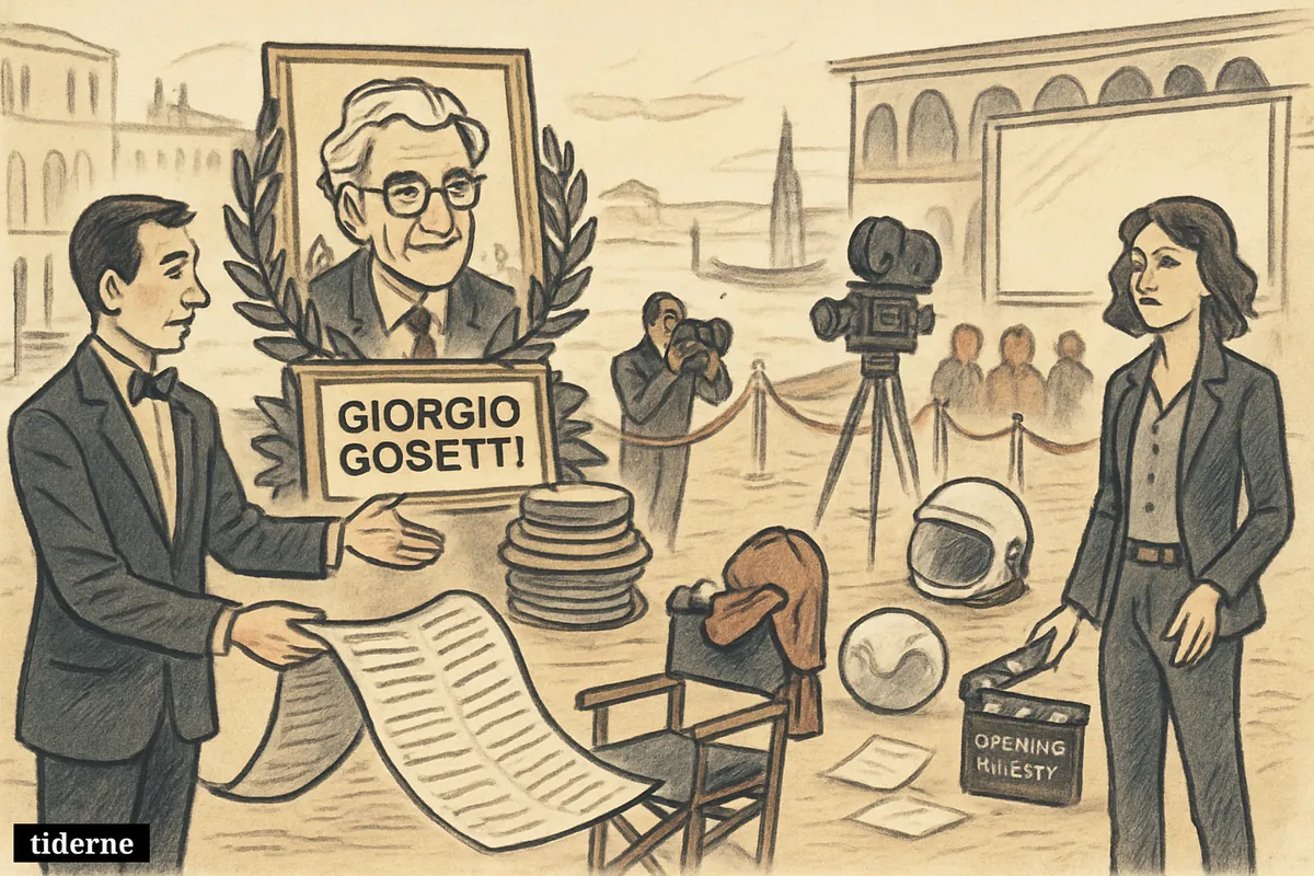 A Venice festival tribute scene with a memorial portrait, film reels, premiere setup, and Mars-themed props near a canal. (AI-genereret illustration)