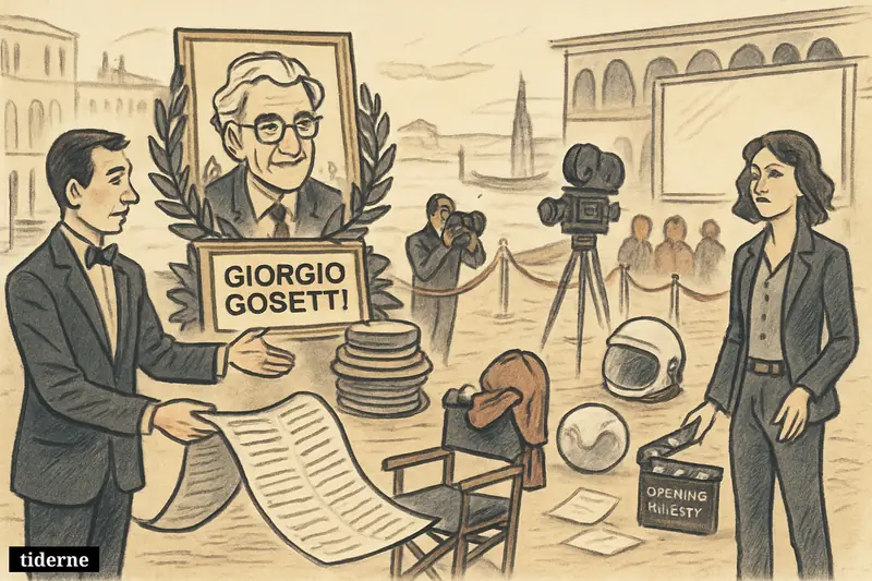 A Venice festival tribute scene with a memorial portrait, film reels, premiere setup, and Mars-themed props near a canal. (AI-genereret illustration)