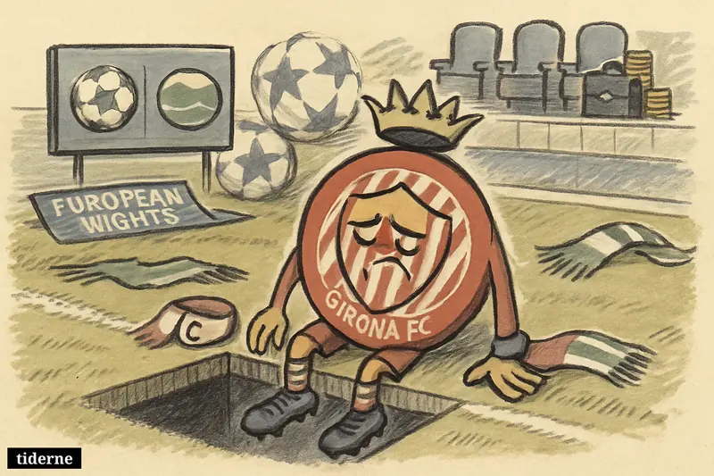 A defeated Girona club emblem on a pitch slips through a trapdoor, surrounded by football relics and symbols of lost top-flight status.