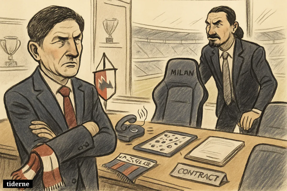 Oliver Glasner waits in a football boardroom, turning from Feyenoord symbols toward an empty Milan manager’s chair as Zlatan-like executive watches.