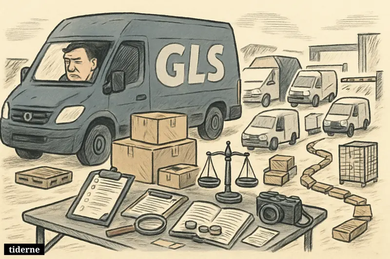 A GLS depot scene with vans, parcels, inspection tools, legal scales, and accounting props suggesting tighter oversight of subcontractors.