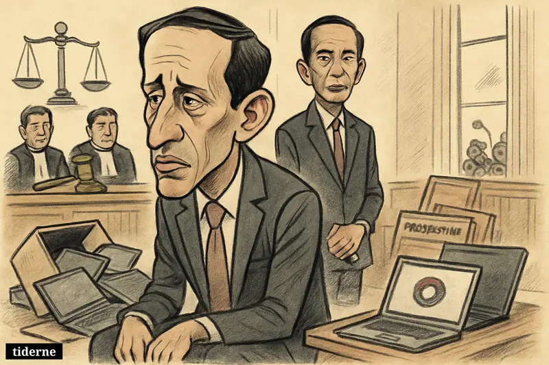 Nadiem Makarim slumps in an Indonesian courtroom beside school laptops, with Joko Widodo behind him and corruption trial symbols around them.