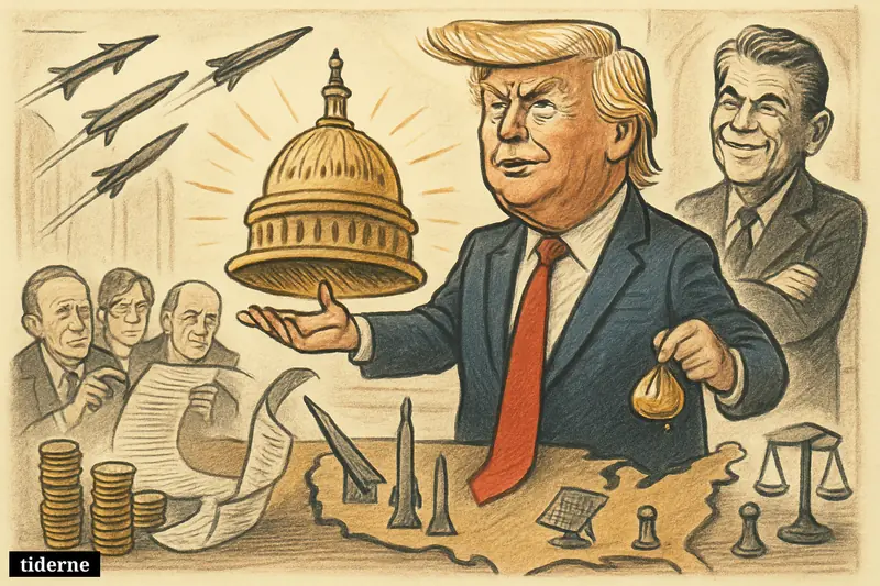 Trump grandly presents a huge dome over the US while Reagan watches and Congress studies a massive defense budget scroll.
