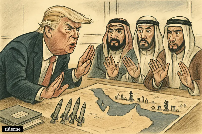 Trump at a negotiation table faces three Gulf leaders who gesture for restraint over a map with missiles, oil sites, and chess pieces.