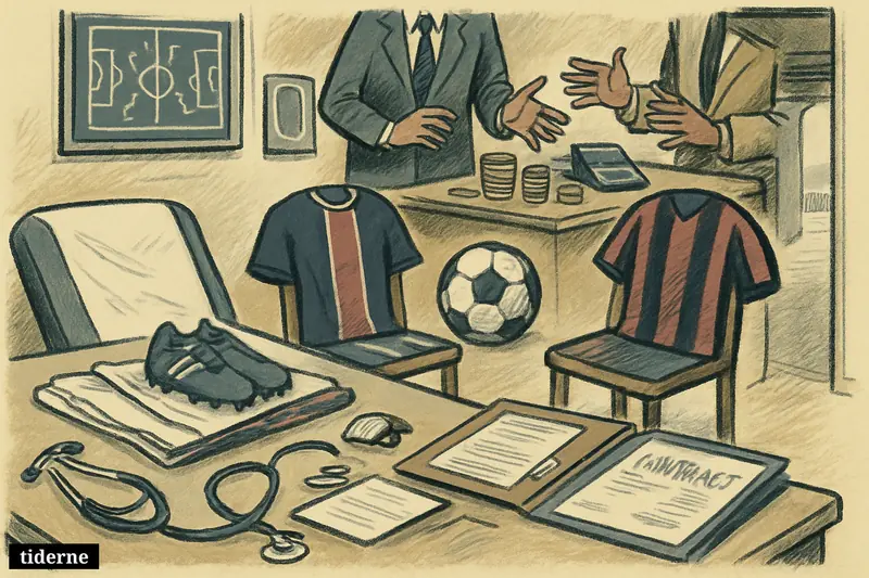 A football medical room and office with kits, documents, officials’ hands, and transfer props suggesting a move from Paris to Milan.