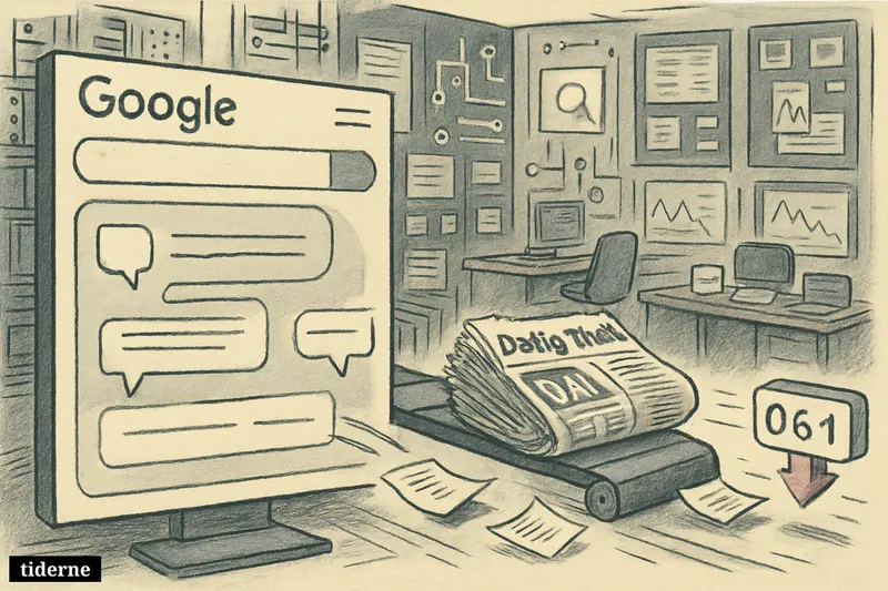 Google-themed AI search interface absorbs newspaper traffic as Daily Mail papers slide away from a newsstand in a media disruption scene.