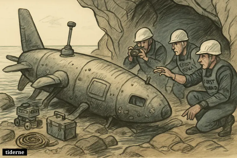 A damaged unmanned sea drone in a coastal cave as Greek investigators and coast guard carefully inspect it from rocks and a patrol boat.