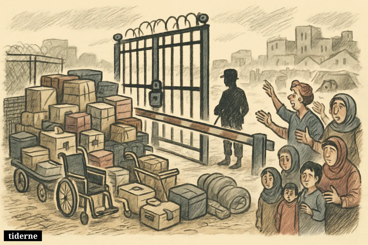 A locked border crossing blocks aid trucks, medical supplies, and waiting families near Gaza, emphasizing a humanitarian bottleneck and urgent crisis.