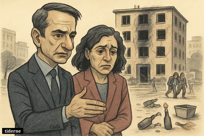 Kyriakos Mitsotakis and Afroditi Nestora stand grimly before a fire-damaged apartment building after a violent attack in Thessaloniki.