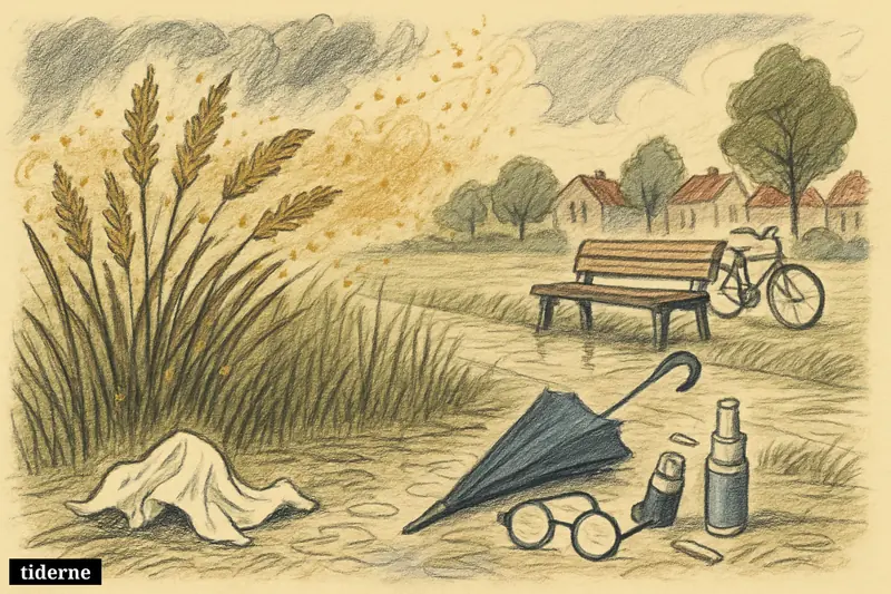 Tall grass in a suburban park releases heavy pollen clouds above tissues, an inhaler, and rain-soaked items suggesting allergy season.