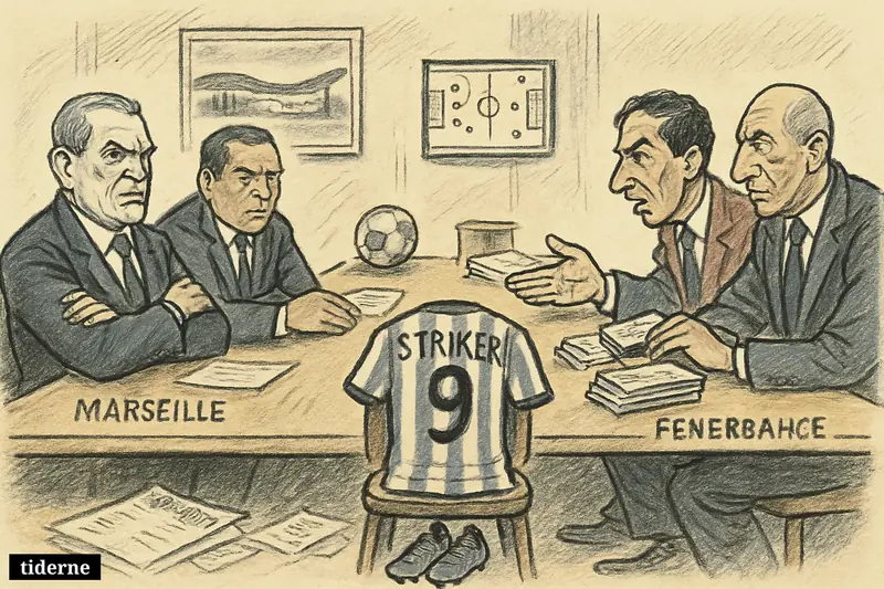 Two football club delegations argue across a negotiation table, with an empty striker’s chair and transfer papers symbolizing a stalled deal.