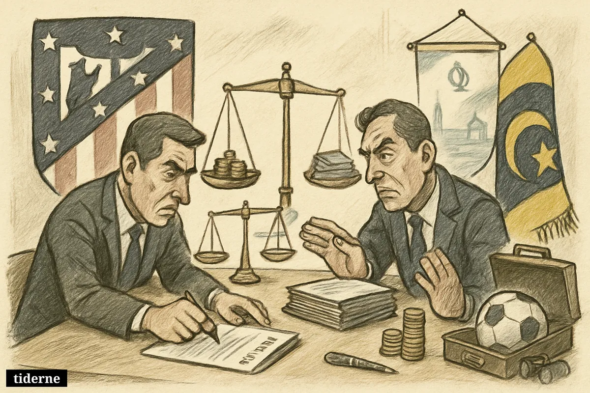 Caricature of football transfer negotiators at a table, with Atlético, Marseille, and Fenerbahçe symbols surrounding contracts, coins, and a tense bidding scene. (AI-genereret illustration)
