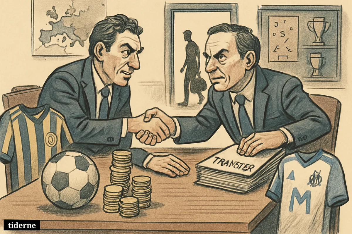 Two football club executives shake hands over money, jerseys, and documents in a transfer room while a player waits nearby. (AI-genereret illustration)