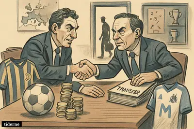 Two football club executives shake hands over money, jerseys, and documents in a transfer room while a player waits nearby. (AI-genereret illustration)