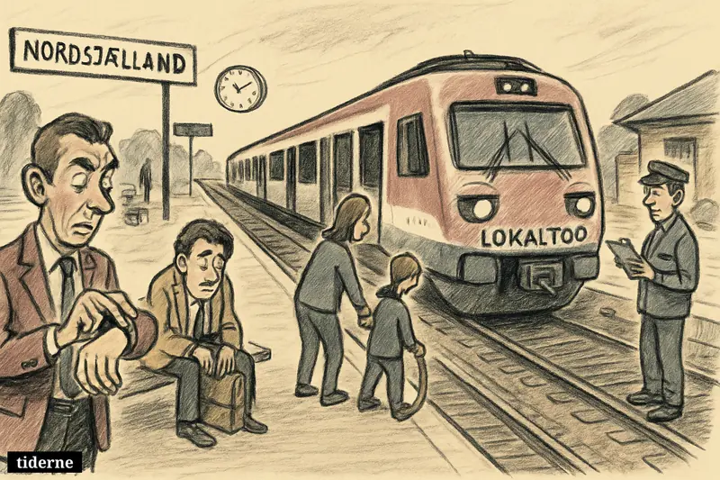 Commuters wait beside a halted regional train on a rural platform, with empty track space suggesting repeated canceled departures.