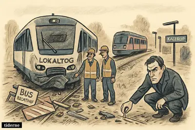 Two regional trains stand safely apart on a rural rail line as workers restore service and an investigator studies the accident scene.