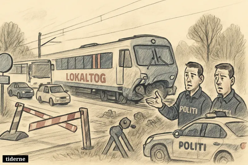 A damaged local train near a reopened rural crossing, with police, buses, and cars moving again while rail service remains disrupted.