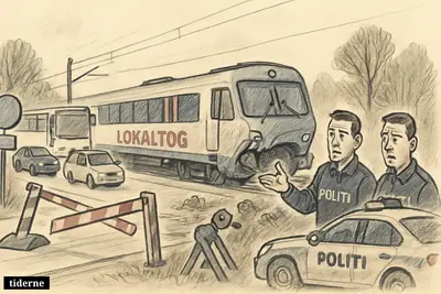 A damaged local train near a reopened rural crossing, with police, buses, and cars moving again while rail service remains disrupted.