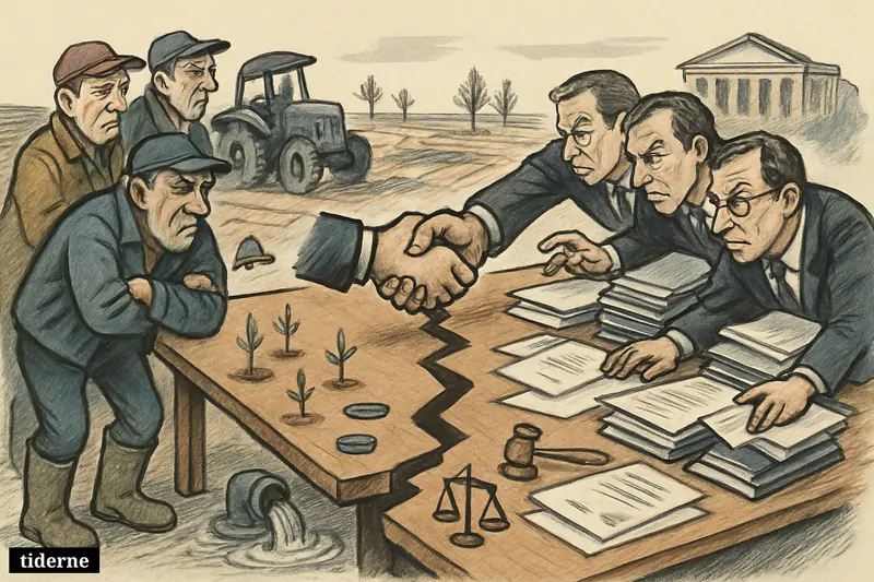 Farmers and government officials face off across a splitting table, with a tractor, policy papers, saplings, and flooded fields symbolizing a collapsing climate pact.