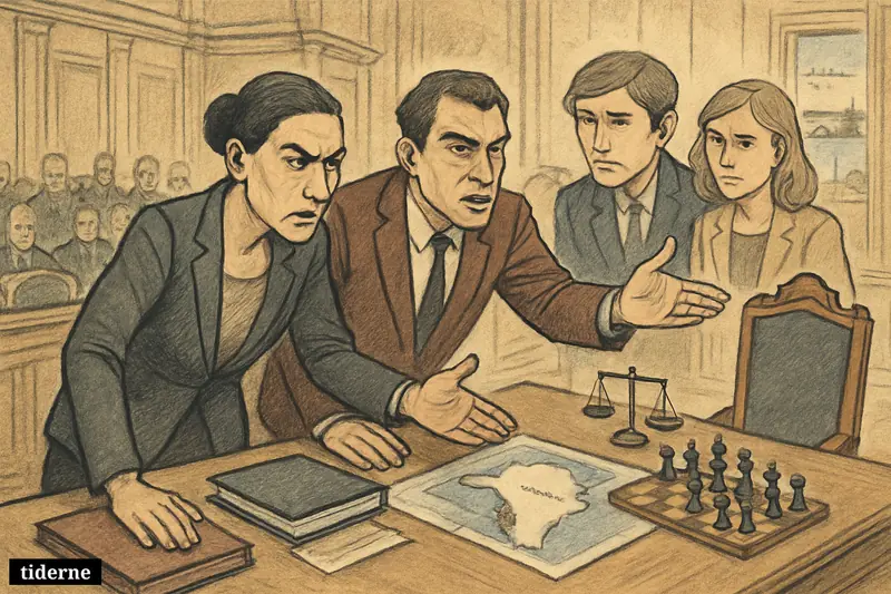 Four Nordic political caricatures confront an empty leadership chair in parliament, with Greenland-centered maps and security symbols showing urgency.