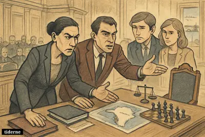 Four Nordic political caricatures confront an empty leadership chair in parliament, with Greenland-centered maps and security symbols showing urgency.