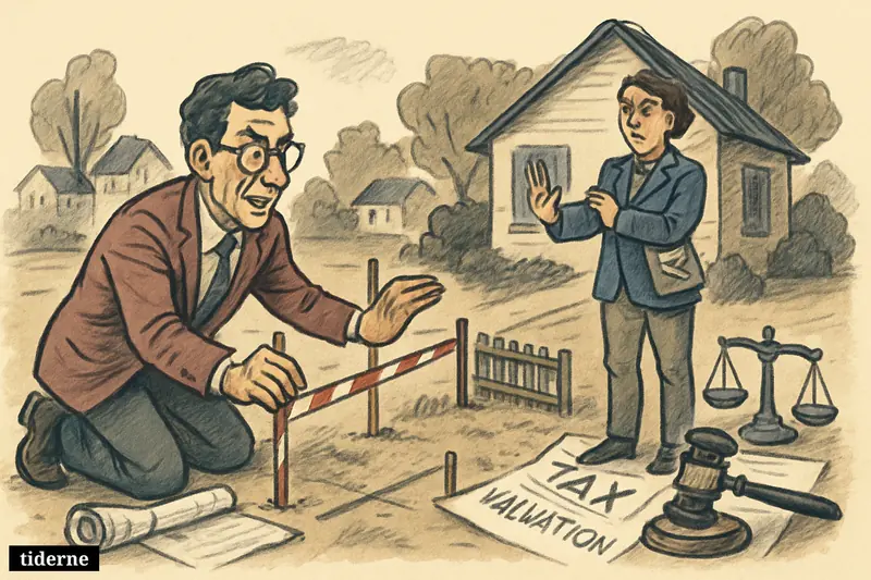 A rural home lot is being split by an eager assessor while a municipal inspector blocks the division, symbolizing a property valuation dispute.