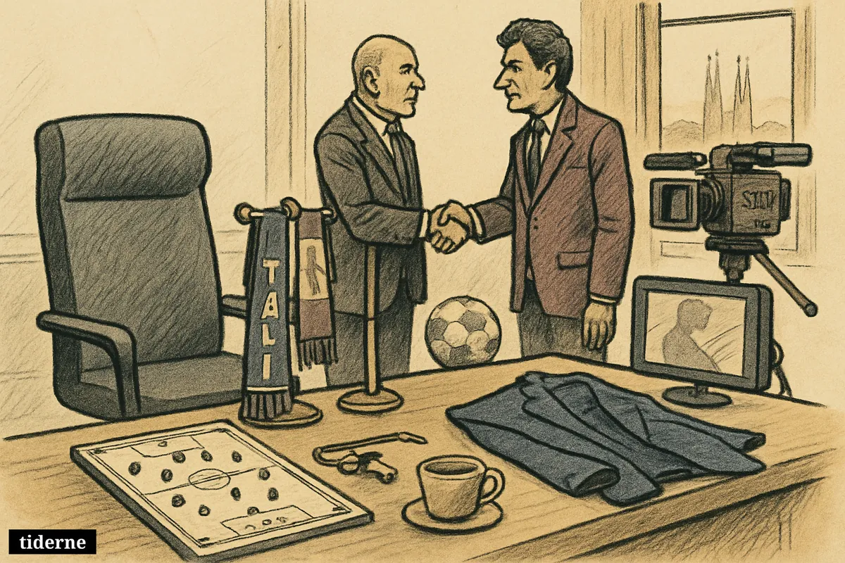 An empty football manager chair faces a negotiation table with tactics board, suited executives, and subtle broadcast equipment in a federation meeting room. (AI-genereret illustration)