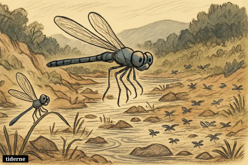 Sparse dragonflies and damselflies hover over a shrinking freshwater stream in the Western Ghats, suggesting biodiversity loss in a fragile ecosystem.
