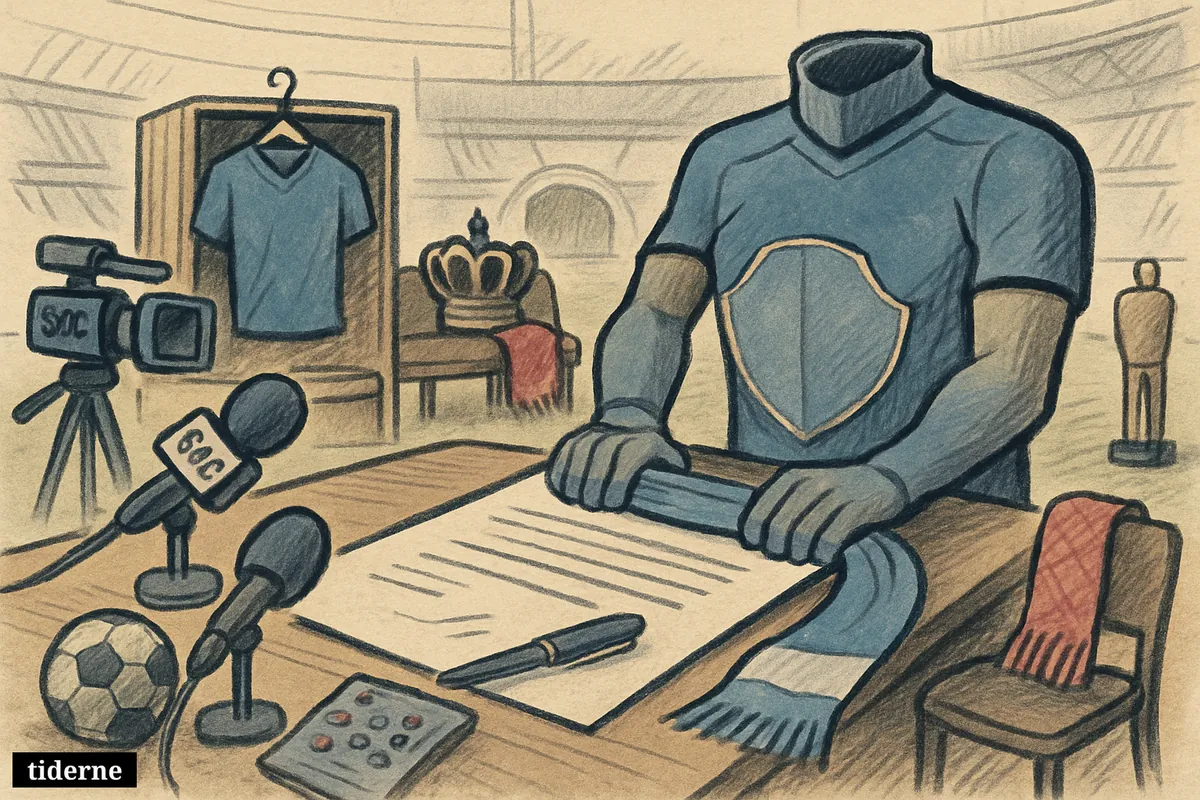 A football contract-signing scene with Manchester City symbols, media equipment, and sidelined hints of Real Madrid and Bayern interest.