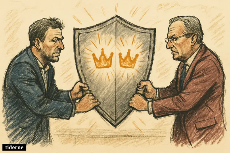 A metallic shield shaped like a fortress is pulled in opposite directions by two glowing crowns on a black background