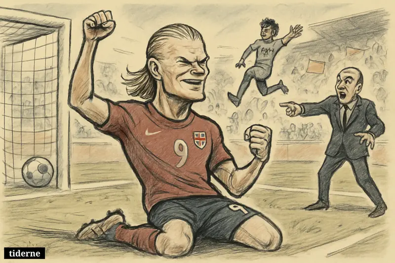 Erling Haaland celebrates on his knees after scoring for Norway in a World Cup match against Iraq, with players, coach, and stadium around him.