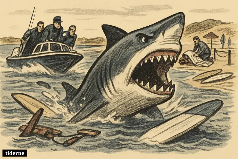 A caricature great white shark surfaces near an overturned surfboard as rescuers rush in by boat beside a closed beach shoreline.