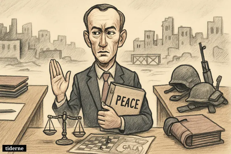 Nickolay Mladenov stands between stalled negotiation tables with peace documents, broken scales, and a Gaza map amid a tense ceasefire setting.
