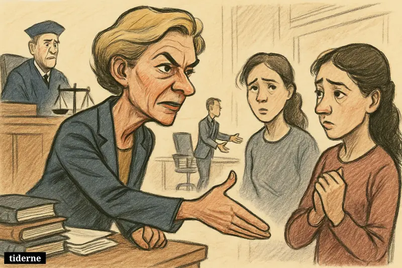 Ida Auken confronts a handshake dispute in a courtroom-workplace scene with teacher trainees, judge, law books, and an awkward waiting colleague.