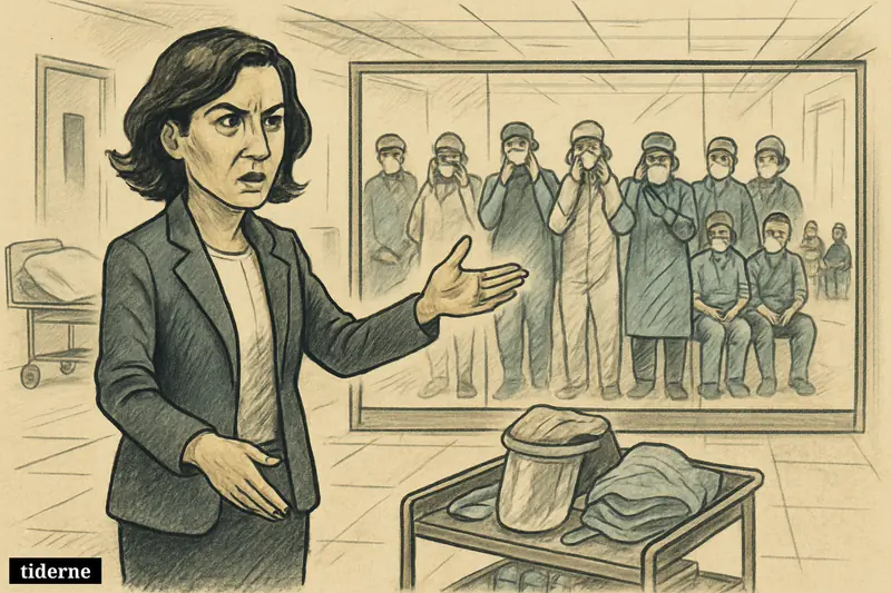 Mónica García in a hospital corridor gestures toward quarantined medical staff behind barriers, with protective gear and anxious travelers in the background.