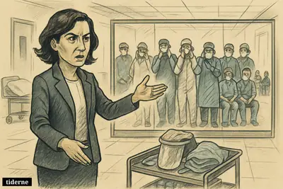 Mónica García in a hospital corridor gestures toward quarantined medical staff behind barriers, with protective gear and anxious travelers in the background.