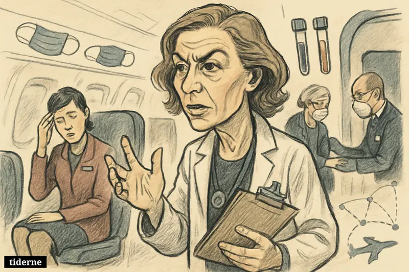 Thea Kølsen Fischer studies a possible in-flight virus case in an airplane cabin with a worried stewardess and an ill passenger nearby.