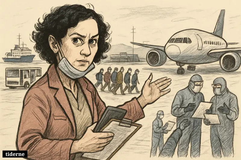 Mónica García directs evacuees on an airport tarmac as health officials coordinate transport from an expedition ship to a waiting plane.