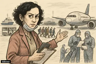 Mónica García directs evacuees on an airport tarmac as health officials coordinate transport from an expedition ship to a waiting plane.
