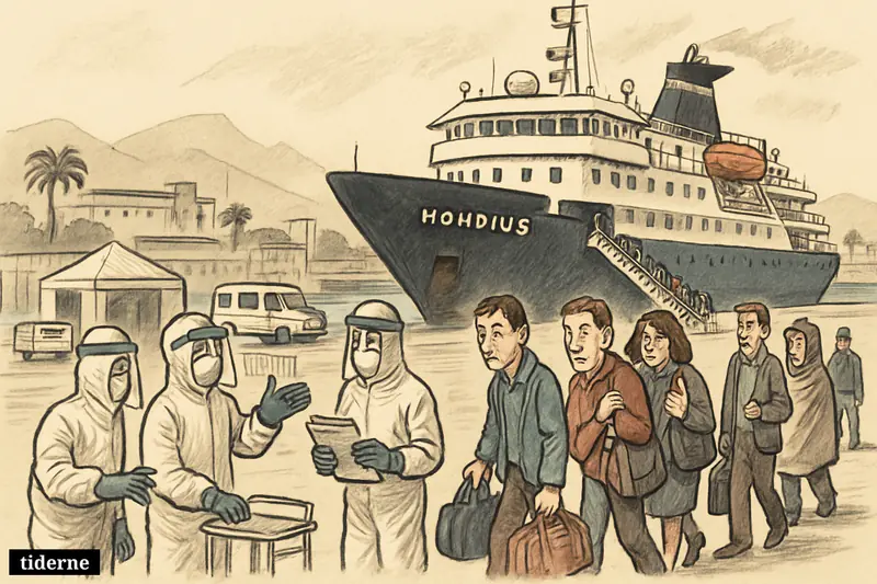 Passengers and crew disembark from MV Hondius in Tenerife as protective health workers manage a tense quarantine evacuation at the dock.