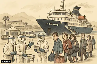 Passengers and crew disembark from MV Hondius in Tenerife as protective health workers manage a tense quarantine evacuation at the dock.