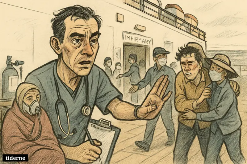 A worried ship doctor halts anxious passengers as one sick traveler struggles to breathe outside a cruise ship infirmary at sea.
