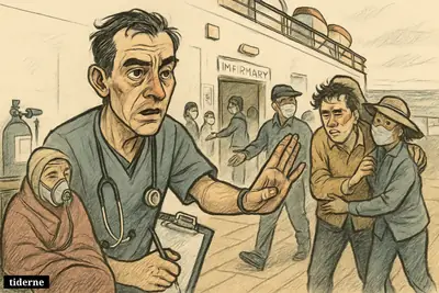 A worried ship doctor halts anxious passengers as one sick traveler struggles to breathe outside a cruise ship infirmary at sea.