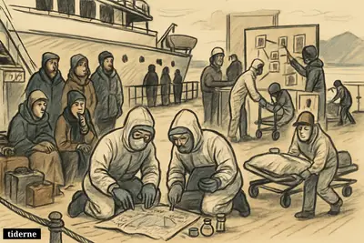 Passengers and health investigators on a quarantined expedition ship deck examine clues during a hantavirus outbreak with evacuations underway.
