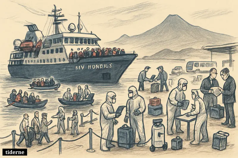 Passengers leave an anchored cruise ship by small boats as health workers manage screening and transport on a Tenerife dock.