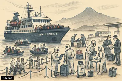 Passengers leave an anchored cruise ship by small boats as health workers manage screening and transport on a Tenerife dock.